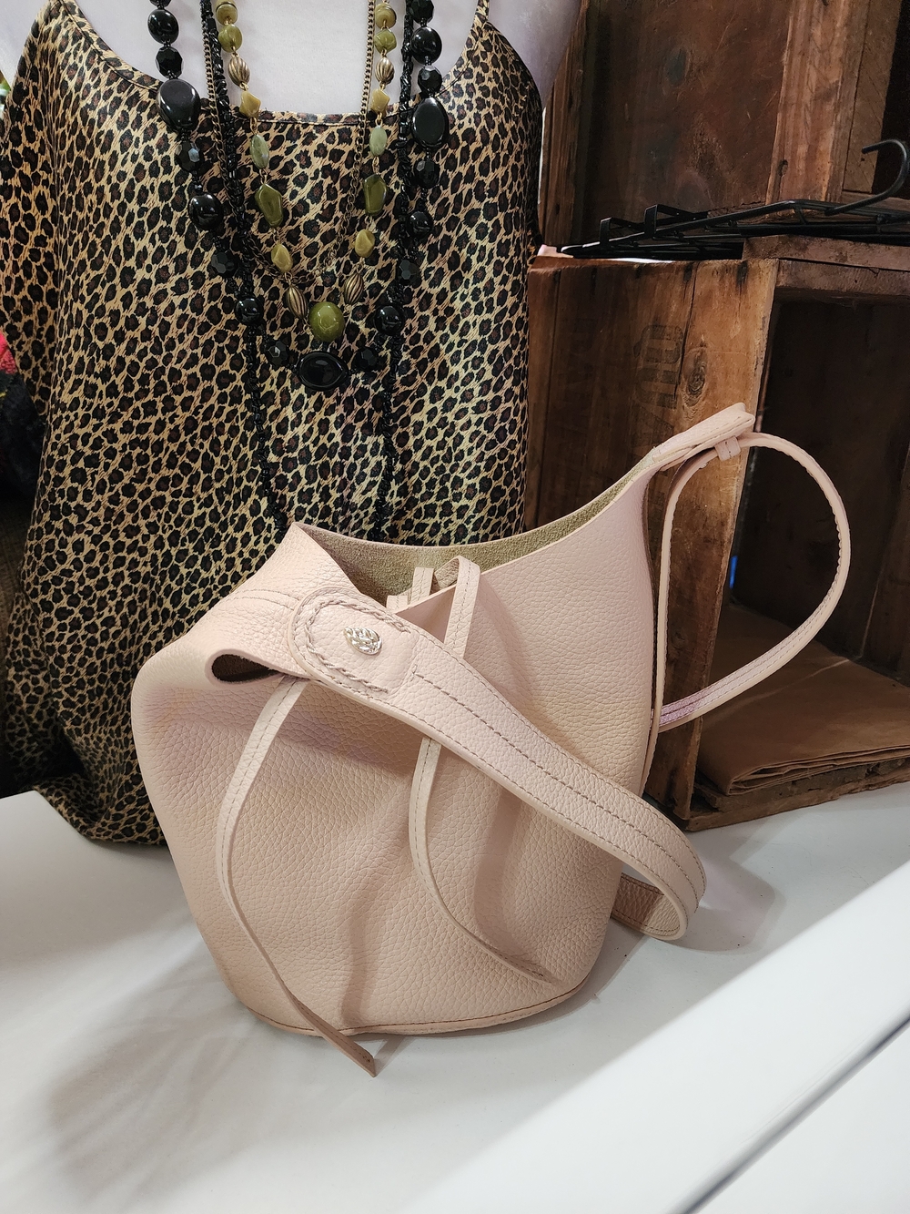 Boho Cream Beige Pebbled Cow Leather Shoulder Bucket Bag